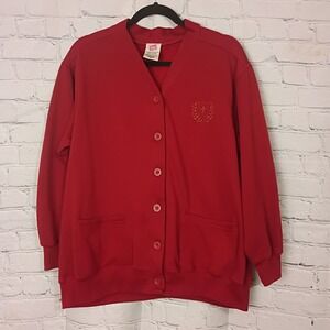 Vintage Hanes Her Way Red Cardigan Sweatshirt Button Front Embroidered Crest M
